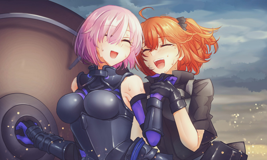2girls, ahoge, armor, bangs, bare_shoulders, black_armor, black_gloves, black_scrunchie, black_shirt, boobplate, closed_eyes, clouds, cloudy_sky, collared_shirt, commentary_request, crying, eyebrows_visible_through_hair, fate/grand_order, fate_(series), fujimaru_ritsuka_(female), gauntlets, gloves, hair_between_eyes, hair_ornament, hair_scrunchie, highres, holding, holding_hands, holding_shield, holding_weapon, mash_kyrielight, multiple_girls, nana73, open_mouth, outdoors, pink_hair, polar_chaldea_uniform, ponytail, scrunchie, shield, shirt, short_hair, short_sleeves, side_ponytail, sky, smile, sweat, tearing_up, tears, uniform, upper_body, upper_teeth, weapon