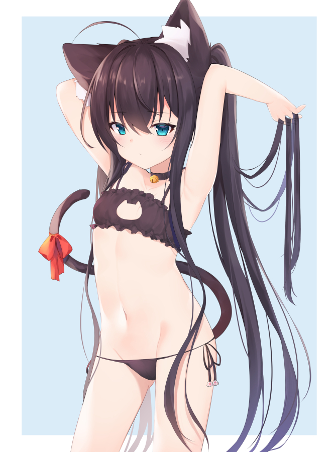1girl, ahoge, animal_ear_fluff, animal_ears, arms_up, bangs, bare_arms, bare_shoulders