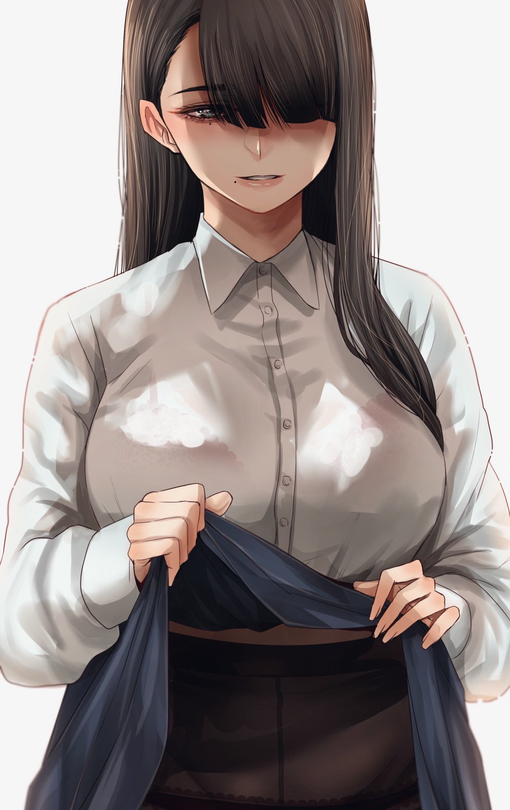 1girl, blue_skirt, bra_through_clothes, bralines, breasts, brown_hair, brown_legwear, clothes_lift
