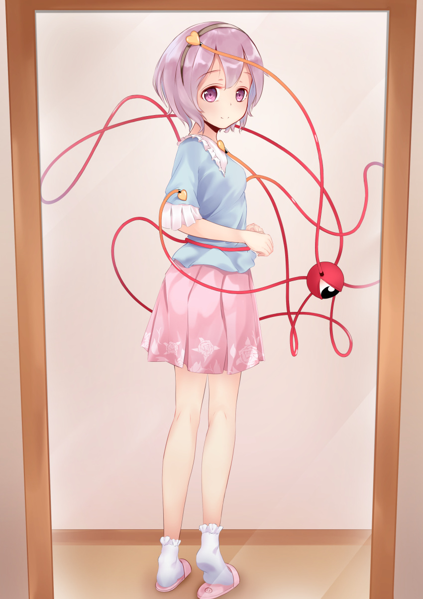 1girl, absurdres, bangs, blue_shirt, breasts, brown_hairband, closed_mouth, collar