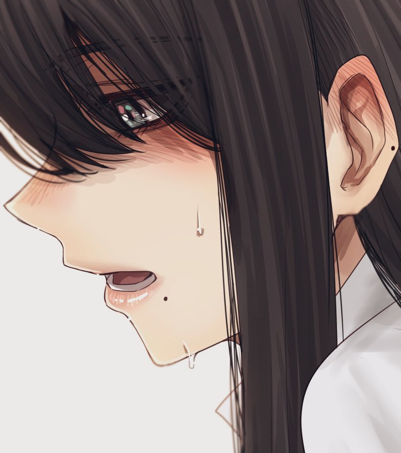 1girl, blue_eyes, blush, brown_hair, ear_blush, eyebrows_visible_through_hair, from_side, hoshi_san_3