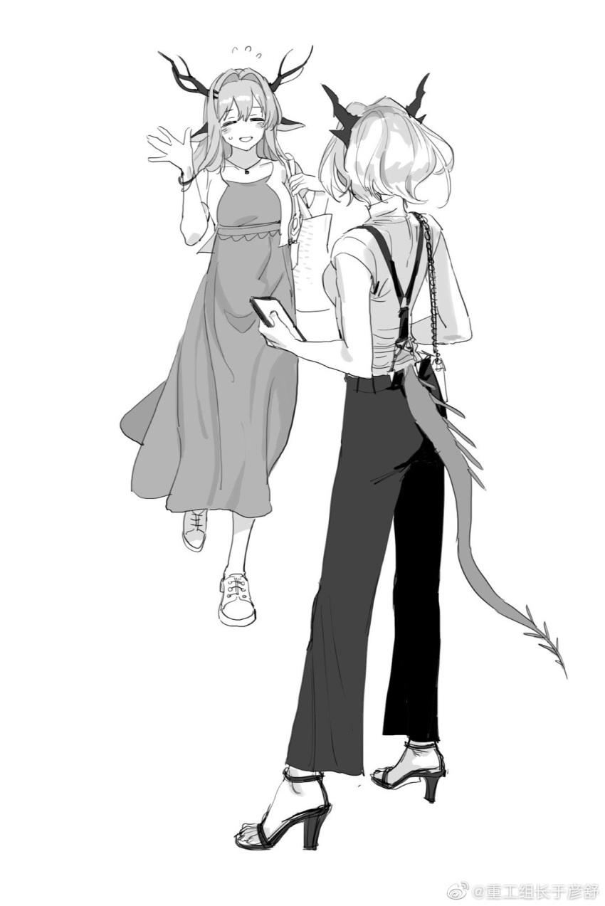 2girls, alina_(arknights), alternate_costume, animal_ears, arknights, bag, bangs, casual, cellphone, dress, highres, horns, long_hair, multiple_girls, phone, short_hair, sketch, smartphone, tail, talulah_(arknights), white_background, yuyanshu13