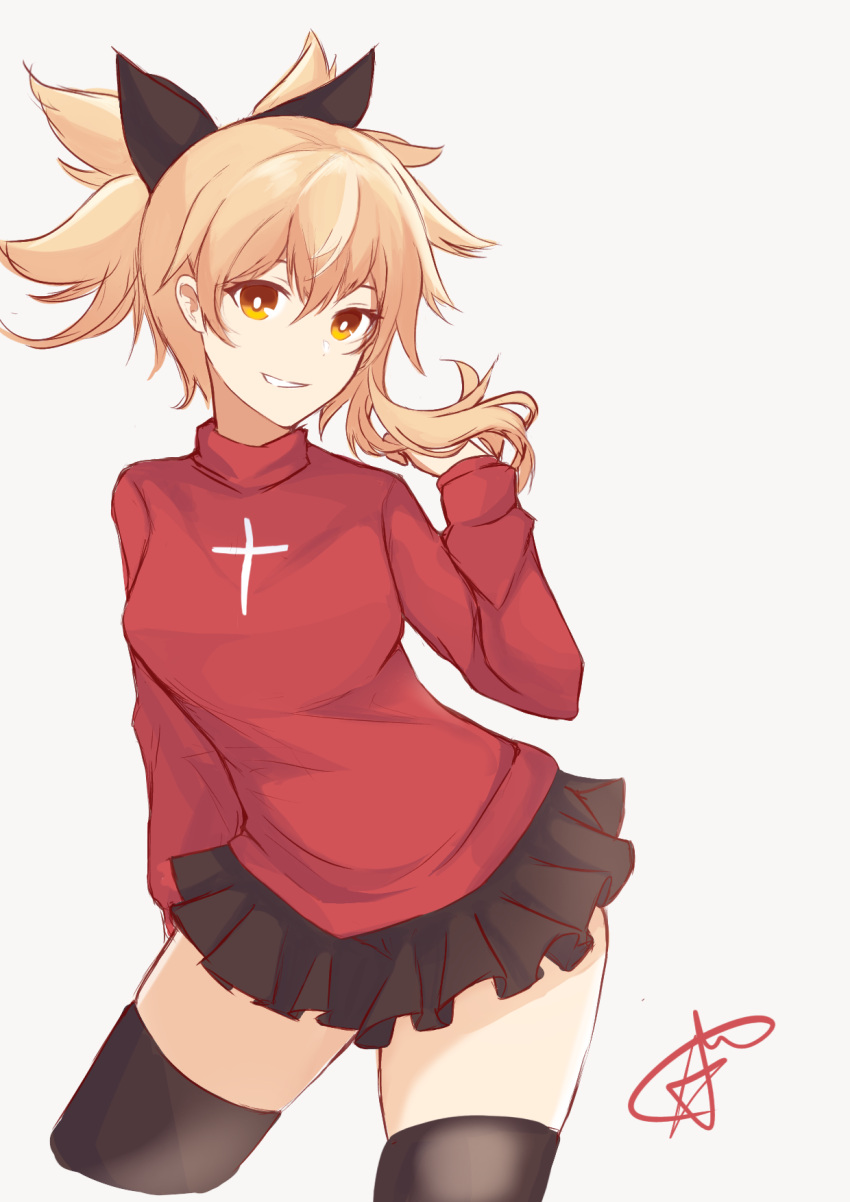 1girl, black_legwear, black_skirt, blonde_hair, cosplay, fate/stay_night, fate_(series), genshin_impact