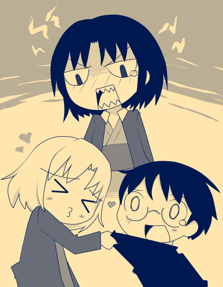 >_<, angry, blue, blush, chibi, collar_grab, glasses, heart