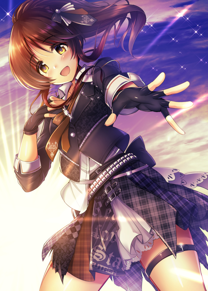 1girl, alternate_costume, belt, black_gloves, brown_eyes, brown_hair, cowboy_shot, fingerless_gloves, gloves, highres, idolmaster, idolmaster_cinderella_girls, idolmaster_cinderella_girls_starlight_stage, jacket, leather, leather_jacket, light_rays, long_hair, loose_necktie, ment, necktie, next_frontier_(idolmaster), open_mouth, sky, sleeves_folded_up, smile, star_(sky), starry_sky, studded_belt, takamori_aiko, thigh_strap, twintails
