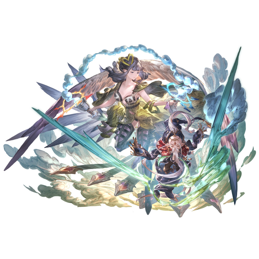 1boy, 1girl, beard, breasts, chalice, clouds, crossed_legs, estarriola, facial_hair, floating, gem_on_head, granblue_fantasy, hair_ornament, harvin, long_beard, long_hair, long_sleeves, official_art, one_eye_closed, pointy_ears, purple_hair, silver_hair, temperance_(granblue_fantasy), transparent_background, very_long_hair, violet_eyes, wings