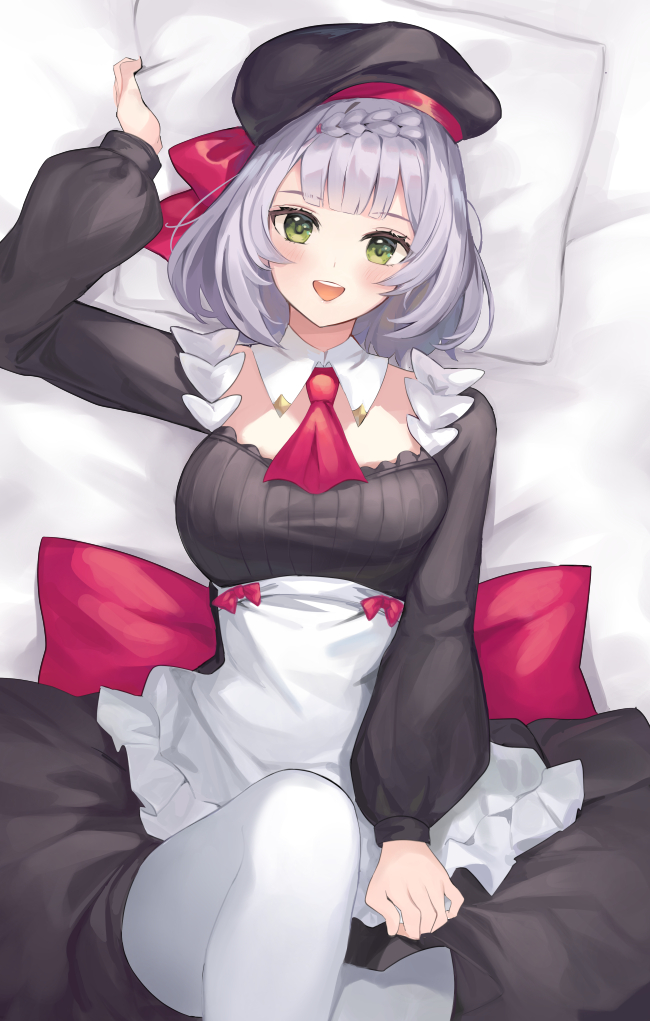 alternate_costume, apron, bangs, bed_sheet, blunt_bangs, blush, braid, breasts