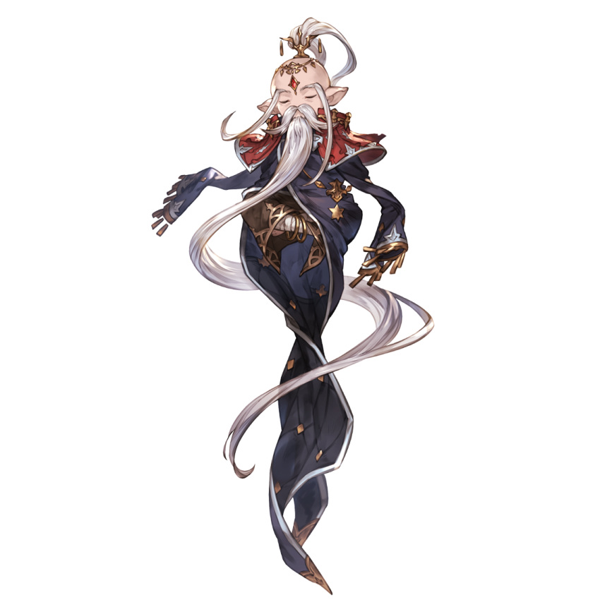 1boy, beard, crossed_legs, estarriola, facial_hair, floating, gem_on_head, granblue_fantasy, harvin, long_beard, long_hair, long_sleeves, official_art, pointy_ears, silver_hair, simple_background, sitting, sleeping, solo, transparent_background, very_long_hair