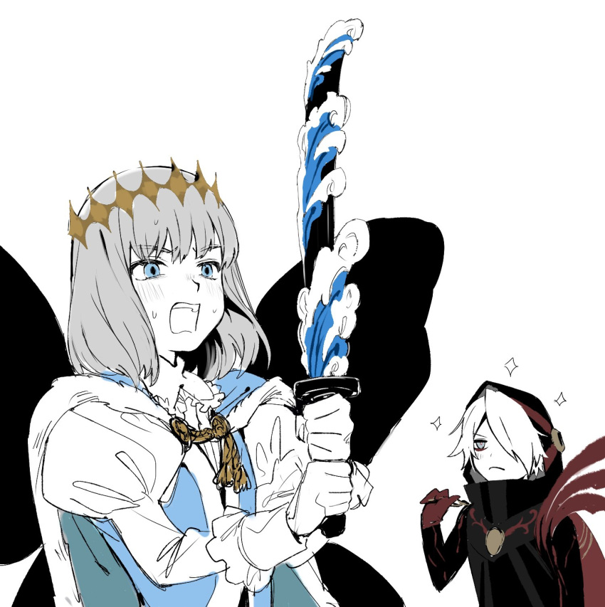 2boys, bangs, black_coat, blue_eyes, blush, butterfly_wings, cape, coat