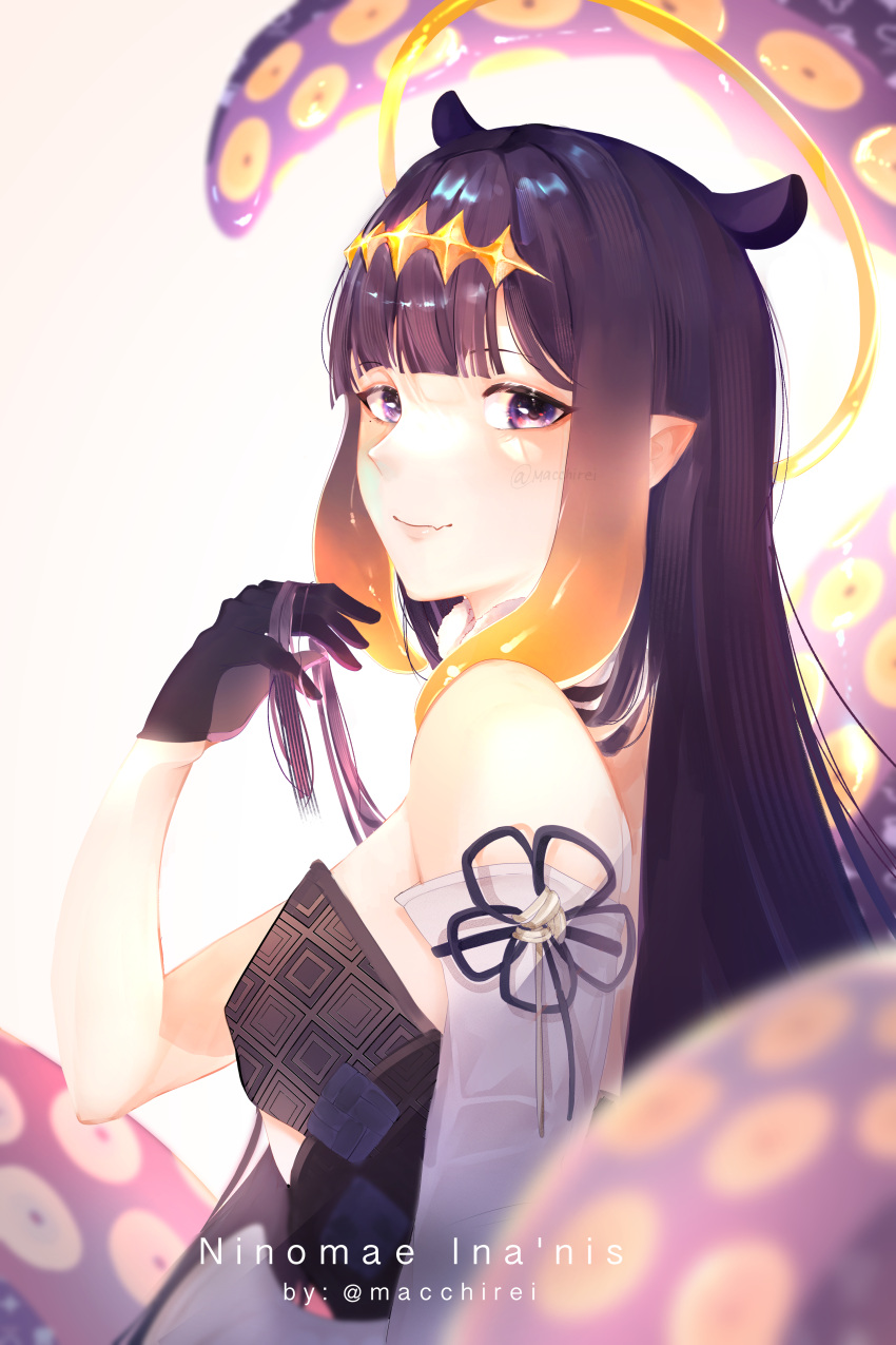 1girl, absurdres, blush, closed_mouth, commentary, eyebrows_visible_through_hair, fang, halo
