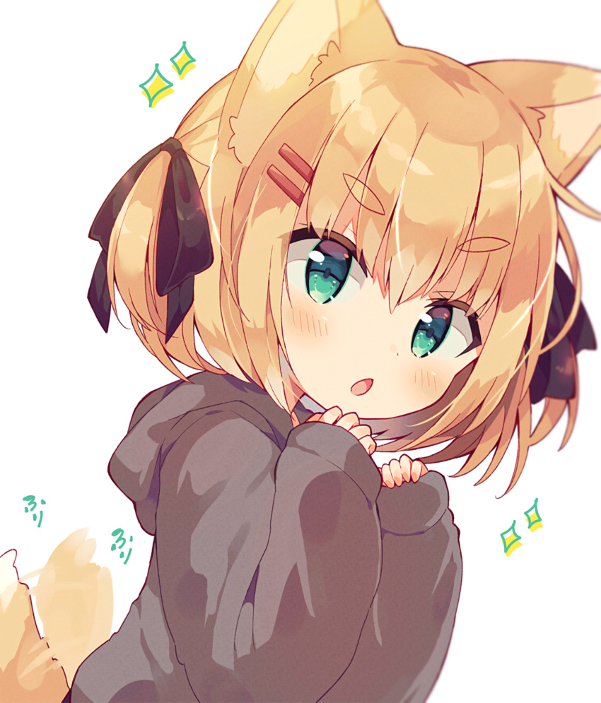 1girl, :o, amano_mizu, animal_ears, aqua_eyes, bangs, black_ribbon, blush, brown_hoodie, child, commentary, dog_ears, dog_girl, dog_tail, eyebrows_visible_through_hair, face, hair_ornament, hair_ribbon, hairclip, hands_up, highres, hood, hoodie, medium_hair, open_mouth, original, ribbon, sidelocks, sleeves_past_wrists, sound_effects, sparkle, tail, tail_wagging, tareme, thick_eyebrows, two_side_up, upper_body, white_background
