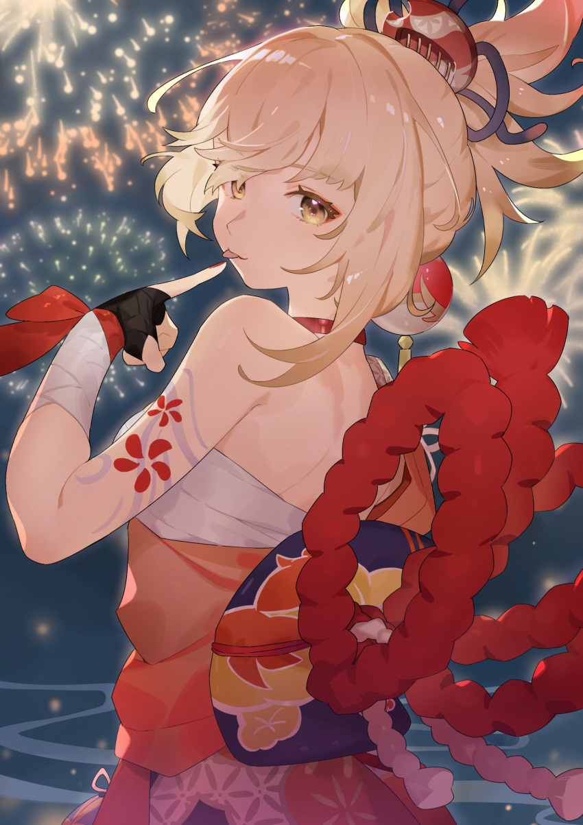 1girl, :p, arm_tattoo, bandages, bare_shoulders, blonde_hair, breasts, finger_to_mouth