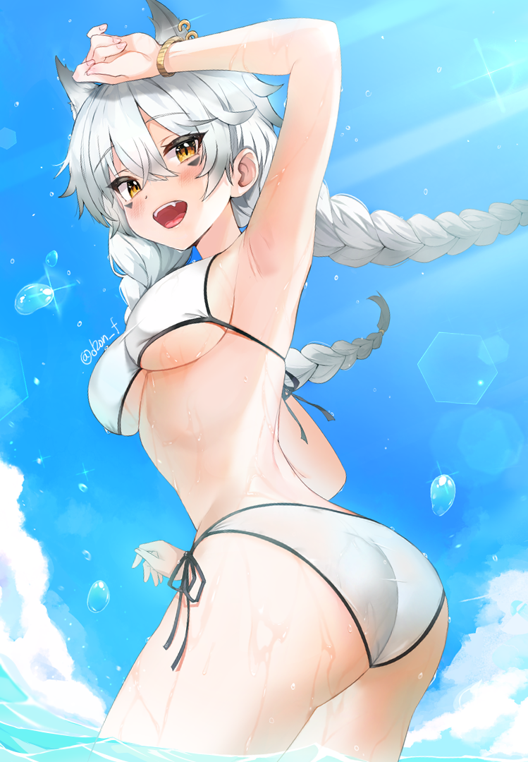 1girl, animal_ears, arm_up, armpits, ass, bangs, bikini, bikini_bottom