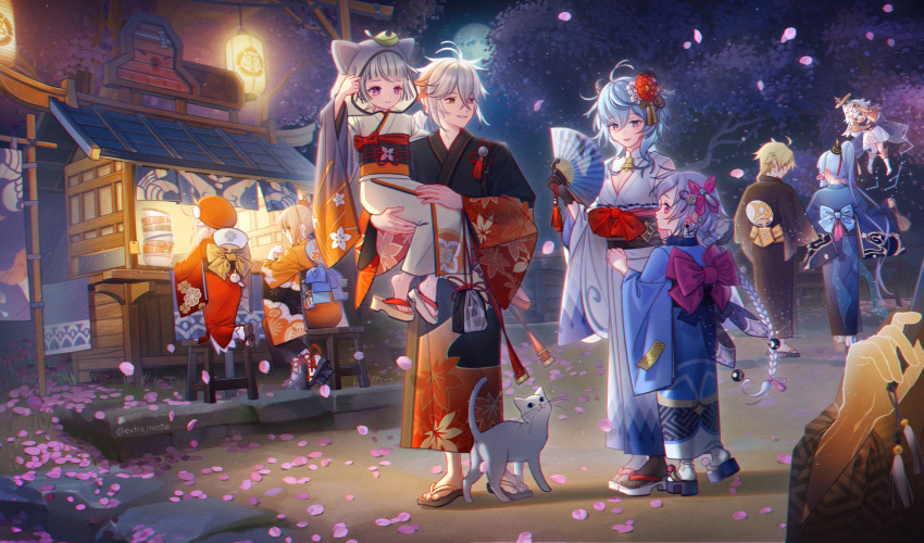 2boys, 6+girls, absurdres, aether_(genshin_impact), blonde_hair, carrying, cat, chair, cherry_blossoms, extra_minta, feet, festival, flower, food_stand, full_body, full_moon, ganyu_(genshin_impact), genshin_impact, hair_flower, hair_ornament, hand_fan, highres, holding_hands, hood, hoodie, japanese_clothes, kaedehara_kazuha, kamisato_ayaka, kimono, klee_(genshin_impact), lantern, long_sleeves, moon, multiple_boys, multiple_girls, night, open_mouth, paimon_(genshin_impact), petals, pointy_ears, qiqi_(genshin_impact), red_headwear, sayu_(genshin_impact), sitting, slippers, smile, standing, tied_hair, traveler_(genshin_impact), tree, twintails, walking, white_cat, wide_sleeves, yoimiya_(genshin_impact), yukata