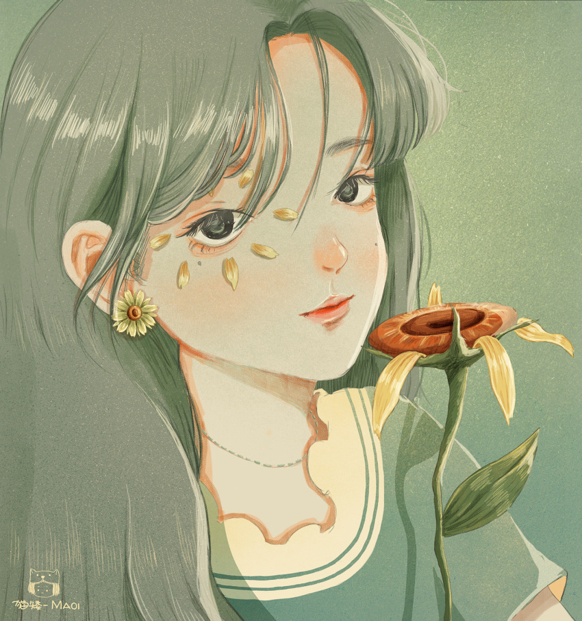 1girl, black_eyes, close-up, earrings, flower, green_background, green_hair, green_shirt
