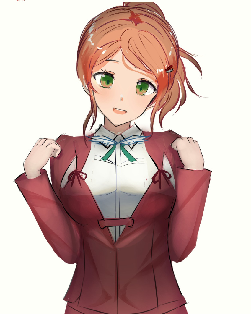 1girl, aquila_(kancolle), collared_shirt, green_eyes, hair_ornament, hairclip, high_ponytail, highres