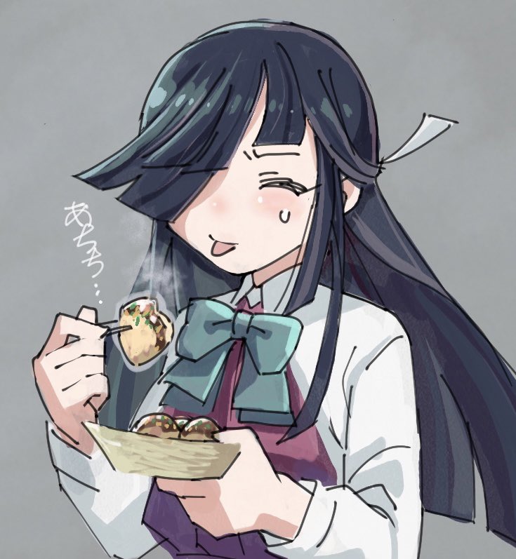 1girl, =_=, black_hair, closed_eyes, commentary_request, dress_shirt, food, grey_background