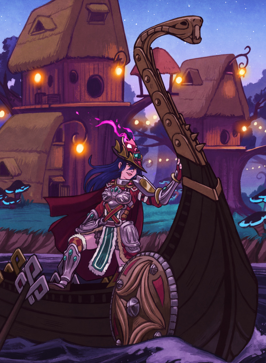 1girl, absurdres, aqua_grass, architecture, armored_boots, bioluminescence, blue_hair, boat, boots, cape, checkered, checkered_legwear, commission, dang_(runescape), duellist's_cap_(tier_6), fantasy, fingerless_gloves, fire, fungus, gloves, grass, grin, hat, highres, huge_filesize, lights, long_hair, medieval, mushroom, n0biting, night, night_sky, outdoors, pink_fire, plate_armor, runescape, sailing, sky, smile, solo, standing, star_(sky), starry_sky, tree, watercraft, yellow_eyes