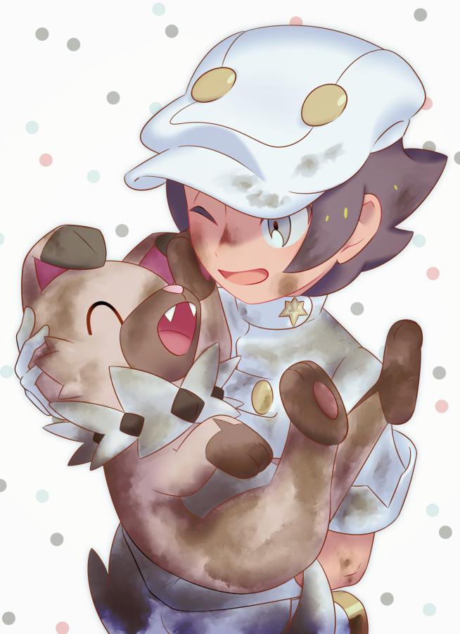 1boy, aether_foundation_employee, brown_hair, dirty, dirty_face, gen_7_pokemon, gloves, grey_eyes