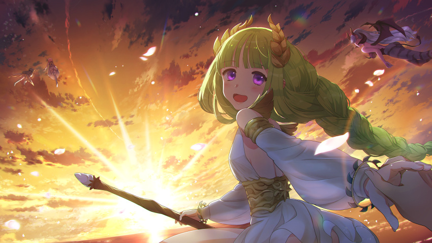 1girl, afk_arena, blush, flora_(afk_arena), green_hair, highres, long_hair, looking_at_viewer