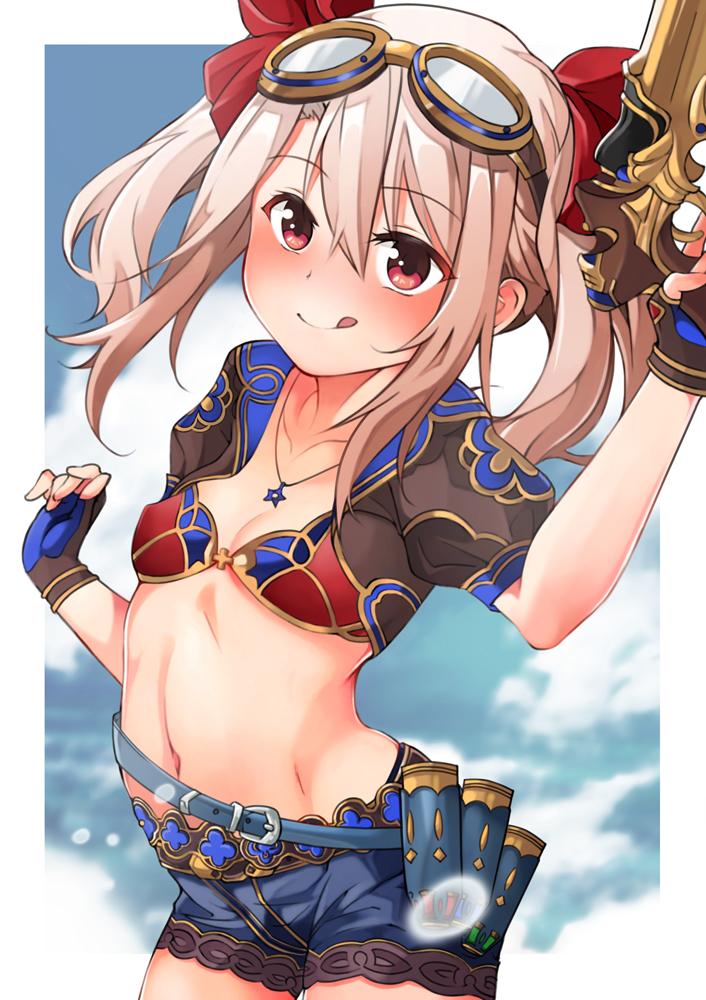 1girl, :q, bangs, bikini, blush, breasts, commentary_request, cosplay