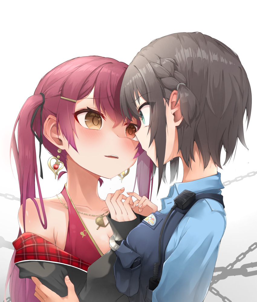 2girls, absurdres, arm_grab, bikini, brown_hair, earrings, eye_contact, heart