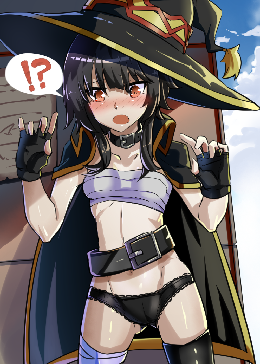 :o, bandaged_leg, bandages, bangs, belt, belt_buckle, black_belt, black_cape