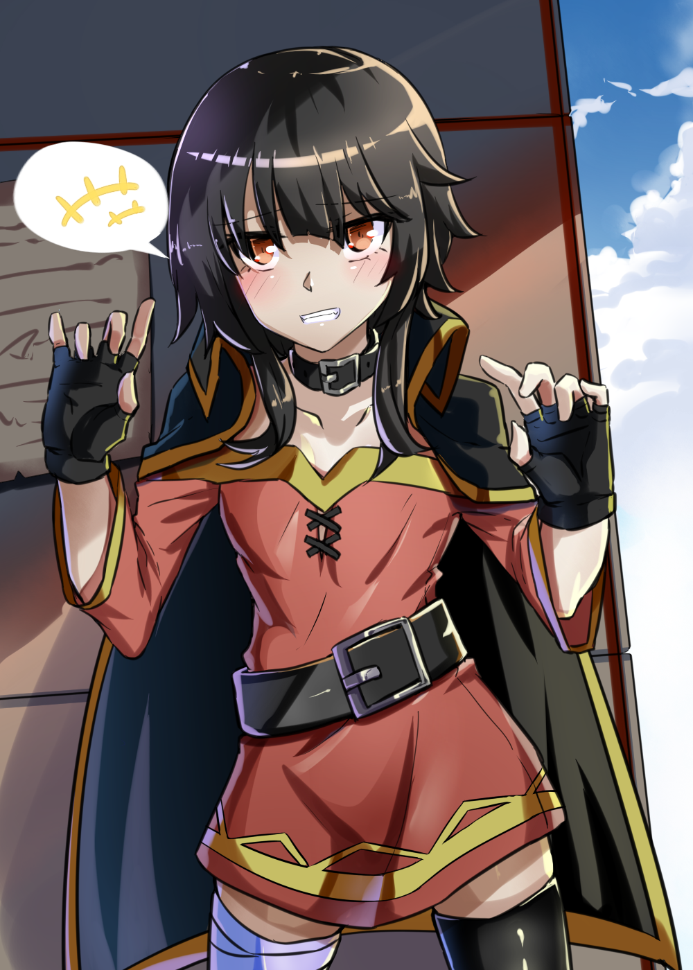 :d, bandaged_leg, bandages, bangs, belt, belt_buckle, black_belt, black_cape