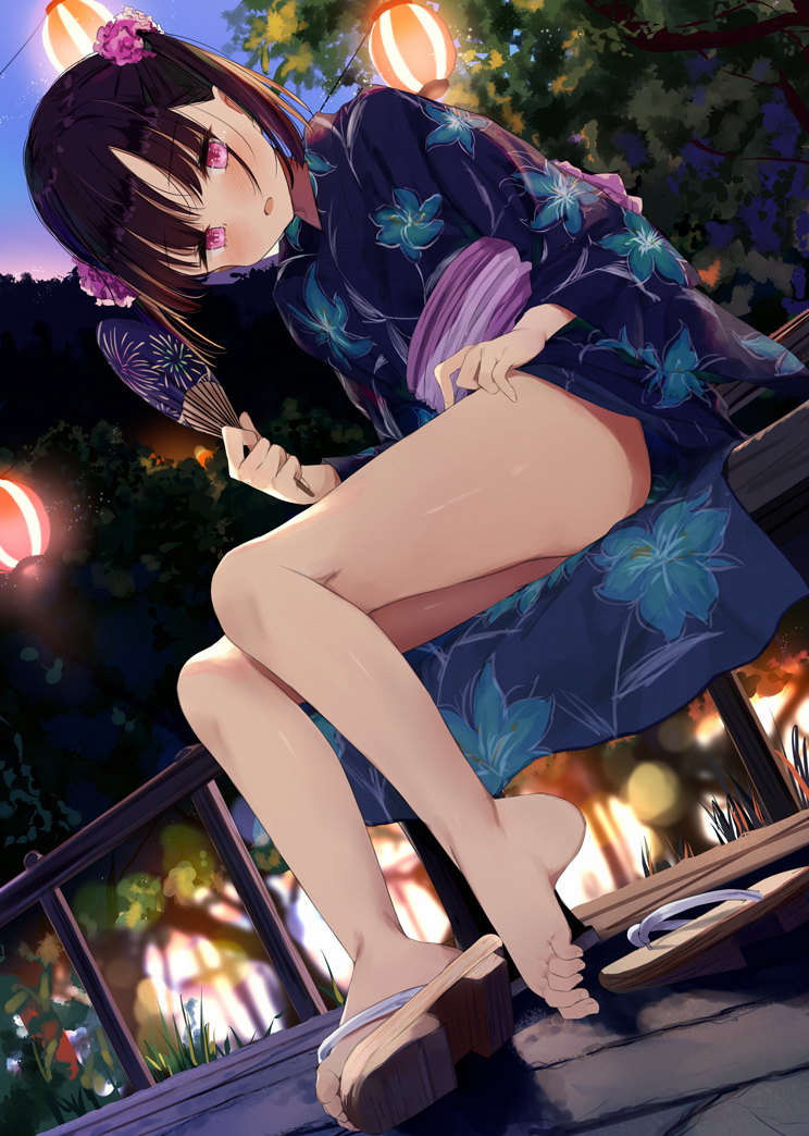 ass, bangs, barefoot, bench, blue_kimono, blurry, blurry_background, blush