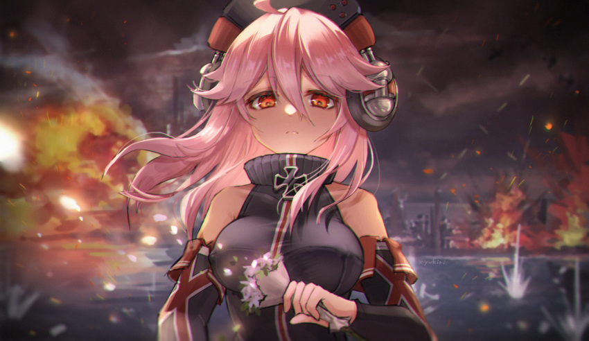1girl, breasts, detached_sleeves, hair_between_eyes, headphones, highres, iron_cross, l_ii