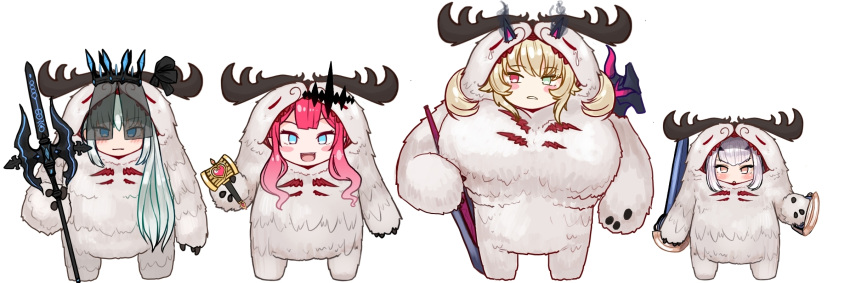 4girls, black_veil, blue_eyes, breasts, cernunnos_(fate), cernunnos_(fate)_(cosplay), cosplay, crown, fairy_knight_gawain_(fate), fairy_knight_lancelot_(fate), fairy_knight_tristan_(fate), fate/grand_order, fate_(series), green_eyes, hammer, heterochromia, highres, horns, huge_breasts, light_blue_eyes, looking_at_viewer, morgan_le_fay_(fate), multiple_girls, pink_hair, platinum_blonde_hair, red_eyes, sidelocks, tall_female, tulxe, white_hair, yellow_eyes