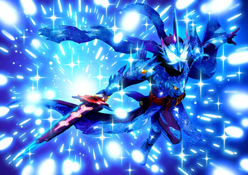 1boy, armor, blue_background, blue_scarf, blue_theme, capelet, commentary_request, full_body
