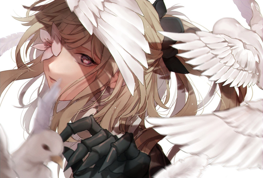 1girl, animal, bird, black_bow, blonde_hair, bow, commentary, dove
