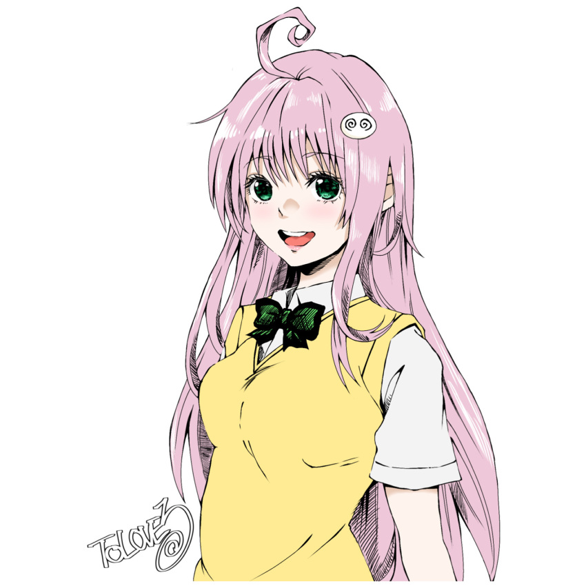 1girl, :d, bow, bowtie, collared_shirt, green_eyes, green_neckwear, hair_ornament