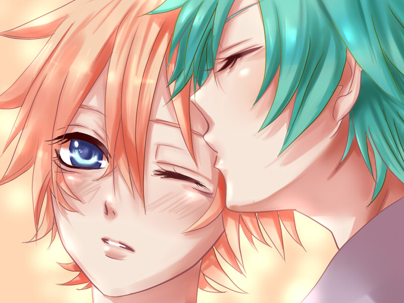2boys, blush, hatsune_mikuo, kagamine_len, kiss_cheek, kiss_on_cheek, vocaloid, yaoi