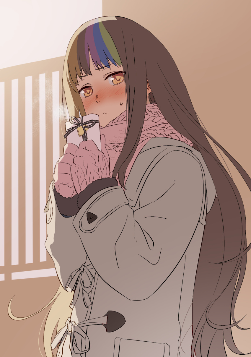 1girl, :<, beige_coat, blush, box, brown_eyes, brown_hair, coat