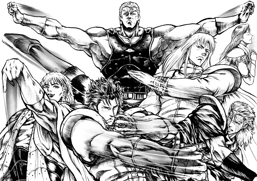 hokuto_no_ken, juda, monochrome, outstretched_arms, rei_(hokuto_no_ken), shew, shin_(hokuto_no_ken), shuu_(hokuto_no_ken)