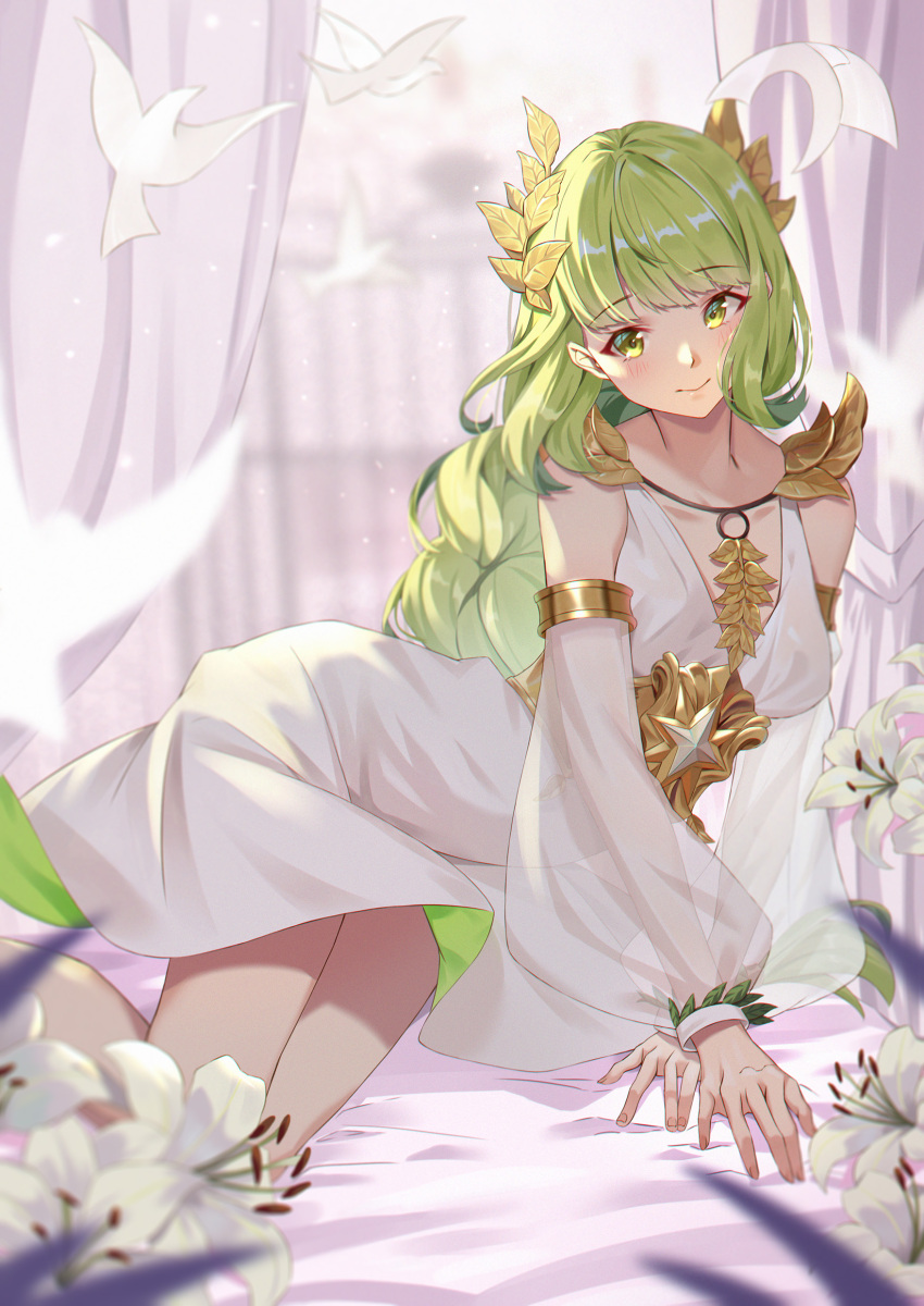 1girl, absurdres, afk_arena, blush, calder_(pixiv3698273), dress, flora_(afk_arena), flower