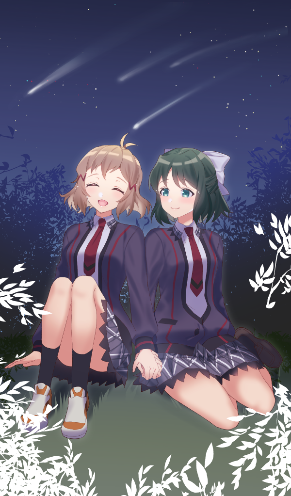 2girls, ahoge, blush, bow, closed_eyes, grass, green_eyes, green_hair