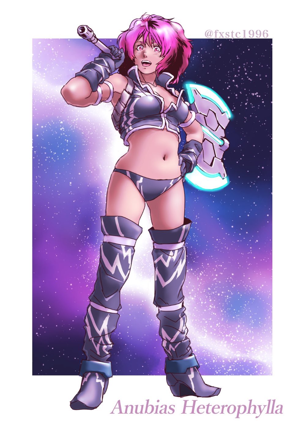 1girl, armband, axe, boots, breasts, full_body, gloves, hand_on_hip