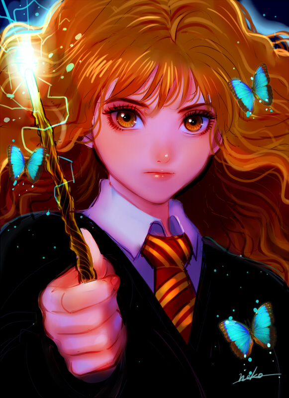 1girl, blue_butterfly, brown_eyes, bug, butterfly, curly_hair, duplicate, harry_potter