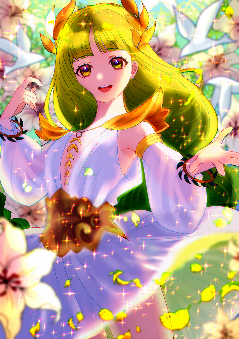 1girl, afk_arena, bird, dress, flora_(afk_arena), flower, green_eyes, green_hair