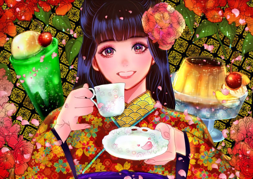1girl, bangs, black_hair, blunt_bangs, cherry_blossoms, cup, dessert, face