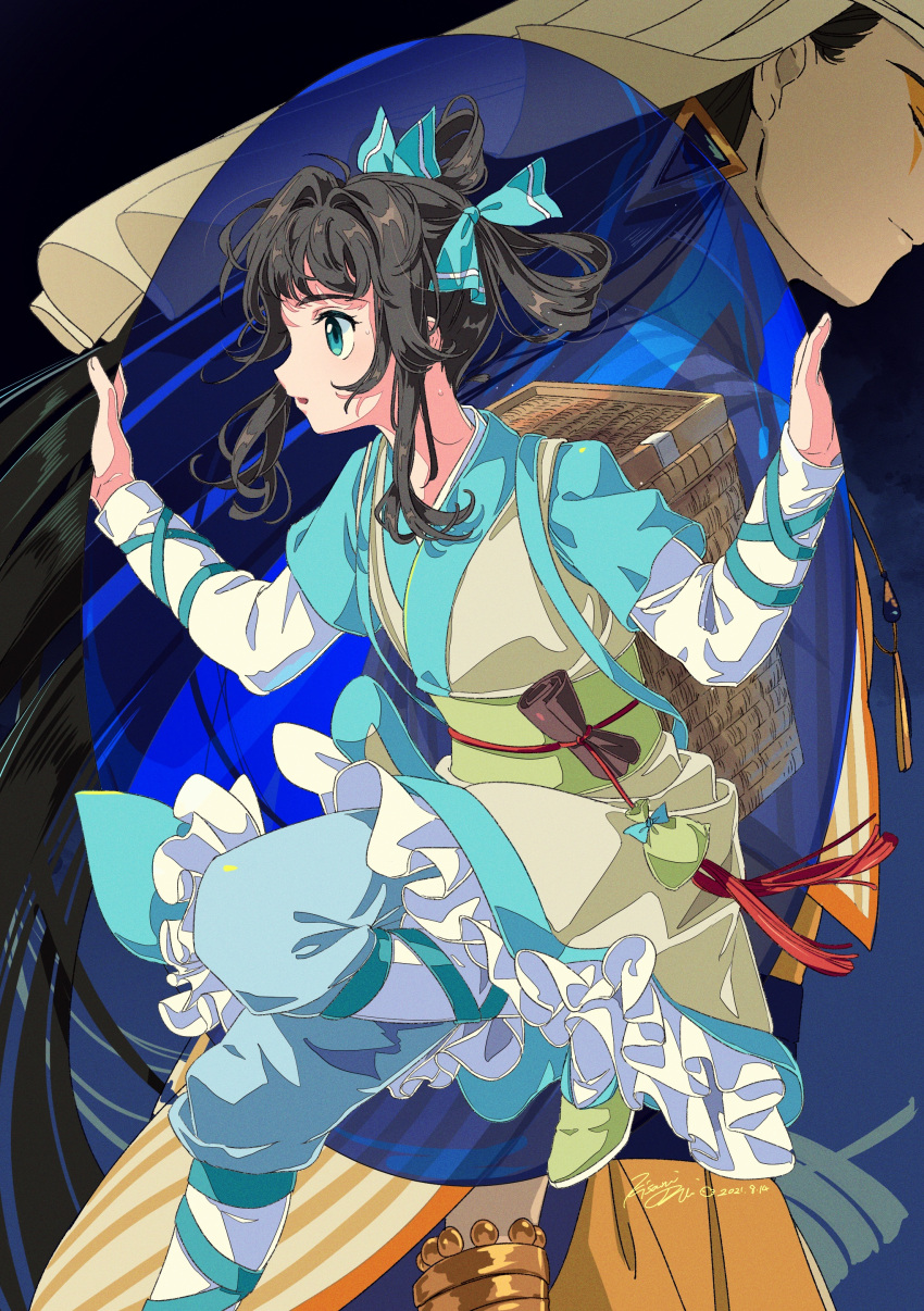 1boy, 1girl, absurdres, aqua_bow, aqua_eyes, bangs, black_hair, bow, dress, foot_out_of_frame, frilled_dress, frills, green_footwear, hair_bow, highres, kisumi_rei, lanxi_zhen, layered_sleeves, leg_up, li_qingning_(the_legend_of_luoxiaohei), long_hair, long_sleeves, naga_(the_legend_of_luoxiaohei), profile, shadow, shoes, short_over_long_sleeves, short_sleeves, signature, the_legend_of_luo_xiaohei