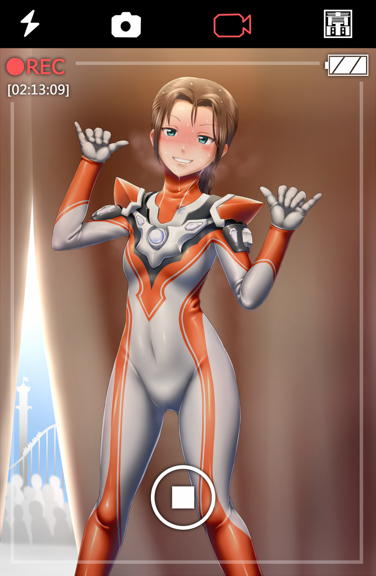1girl, animegao, aozame_takao, arms_up, bodysuit, brown_hair, cosplay, covered_navel