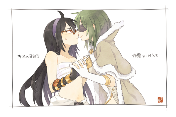2girls, ark_kan, bangs, black_blindfold, black_gloves, black_hair, blindfold, brown_cape