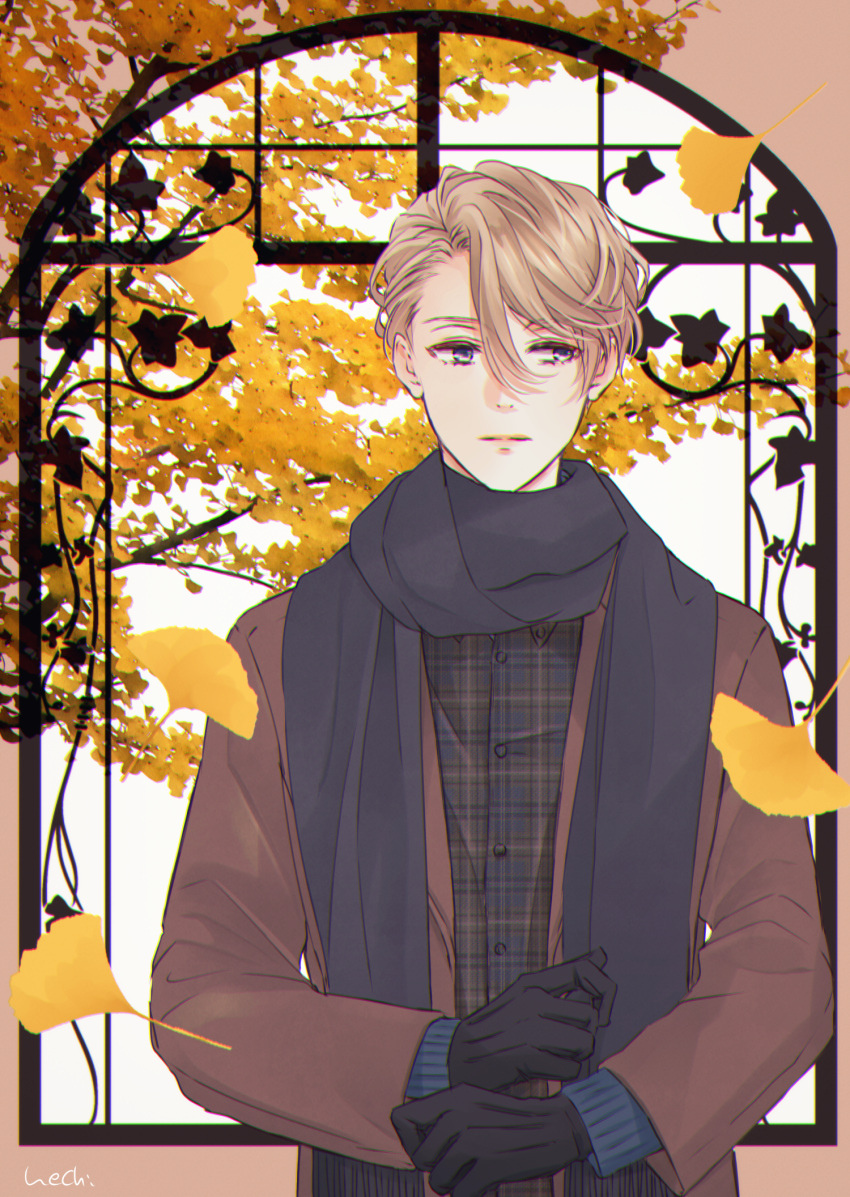 1boy, artist_name, black_gloves, blue_eyes, brown_coat, coat, ginkgo_leaf, gloves
