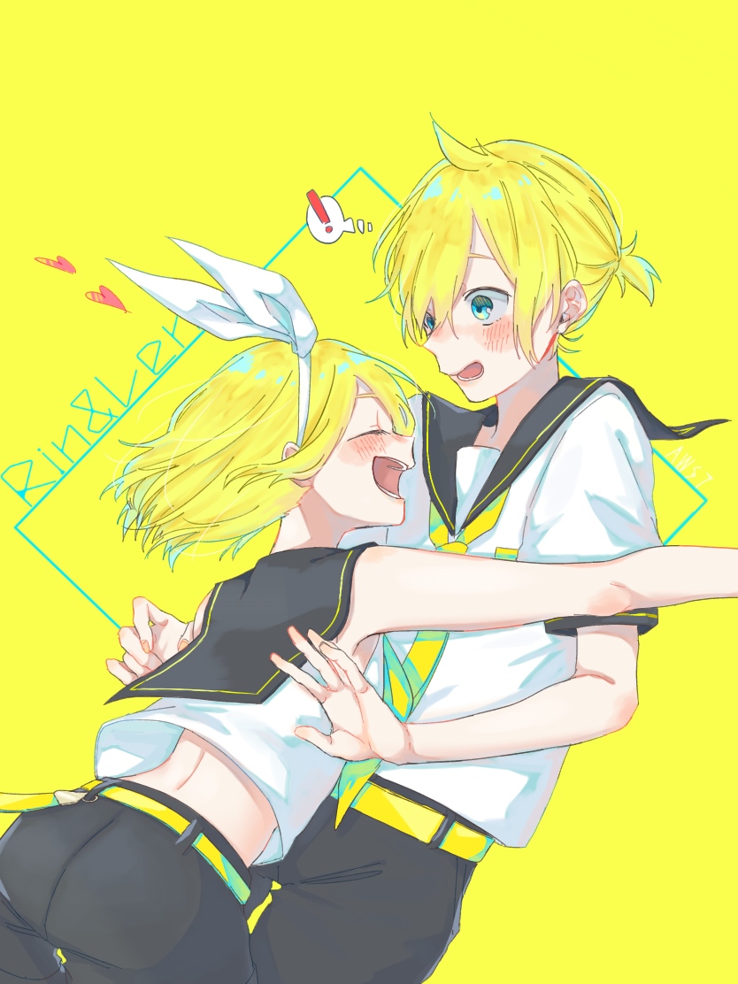 !, 1boy, 1girl, aqua_eyes, bare_arms, bare_shoulders, blonde_hair, blush