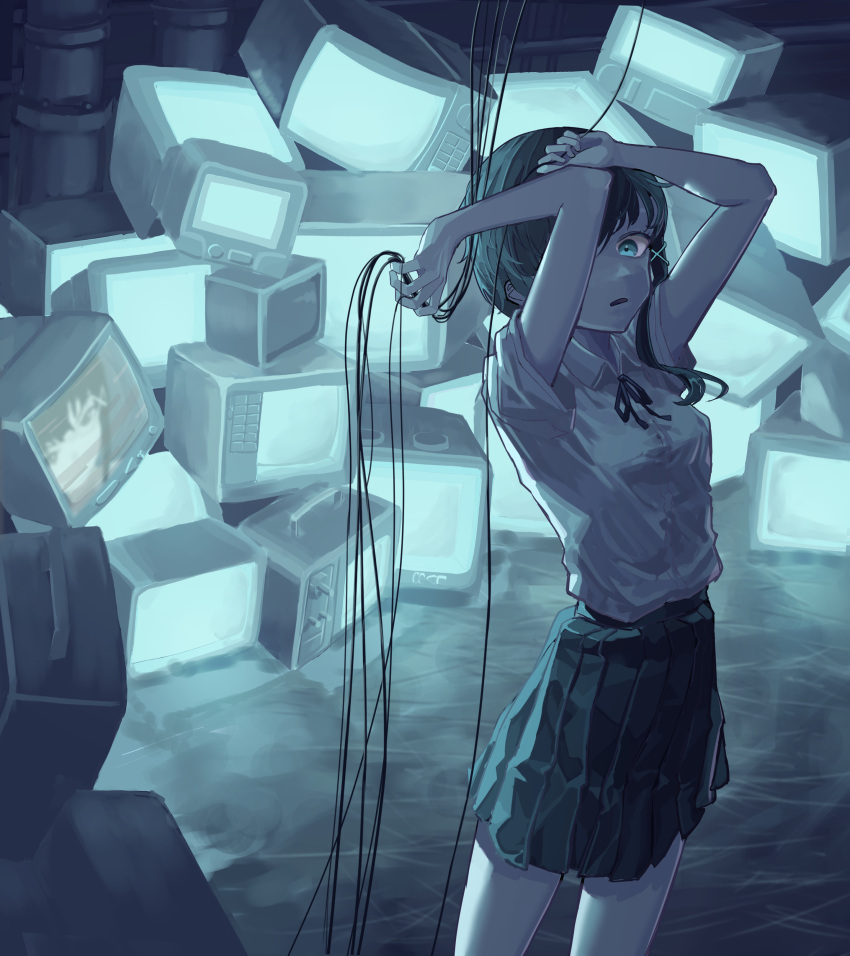 1girl, absurdres, asymmetrical_hair, bangs, black_ribbon, blue_eyes, blue_theme, cable