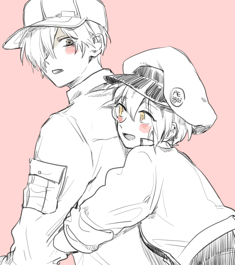 1boy, 1girl, :d, ae-3803, badge, baseball_cap, black_shirt, blush